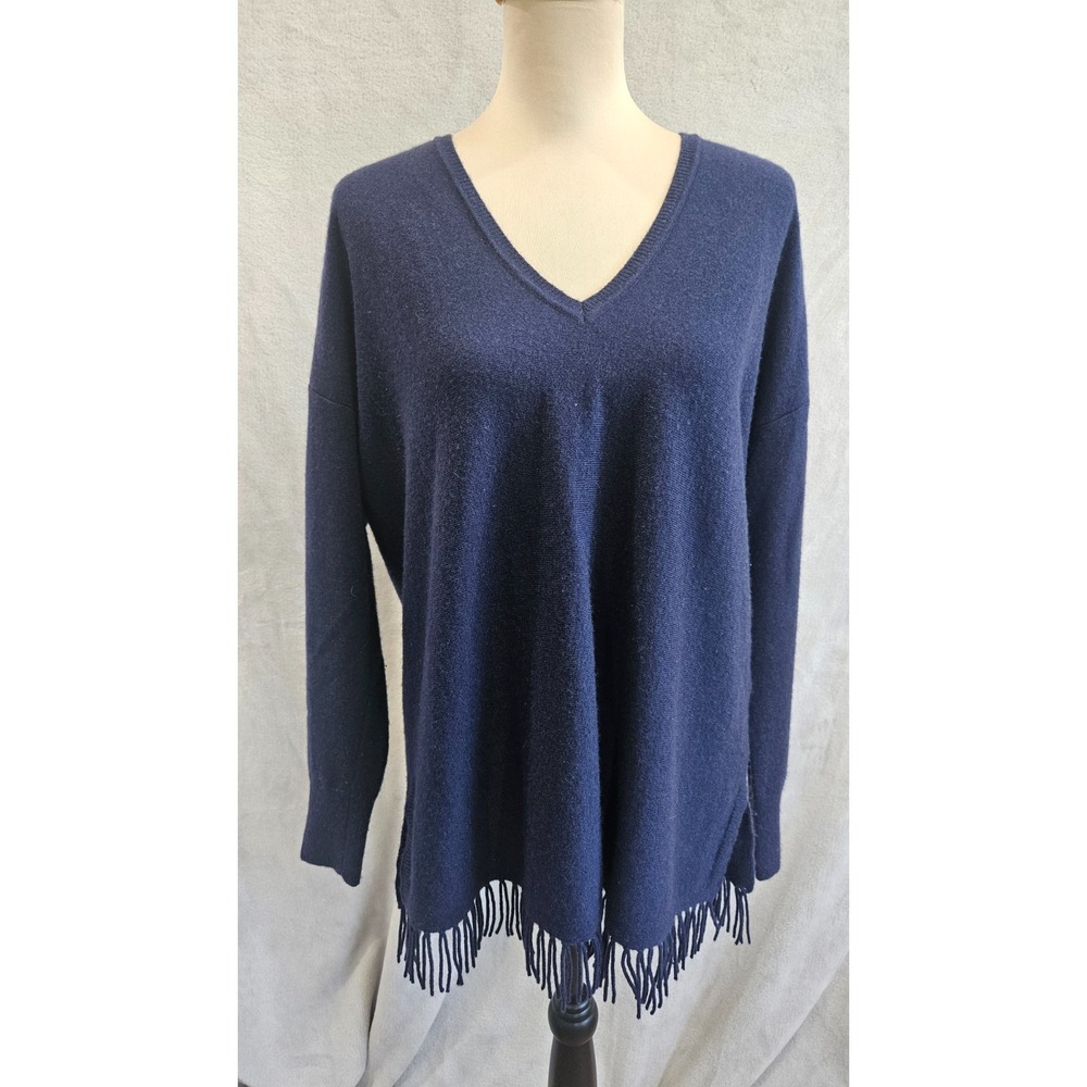 Lilly Pulitzer Alessandra 100% Cashmere Tunic Sweater V-Neck Fringe Hem Blue S-M